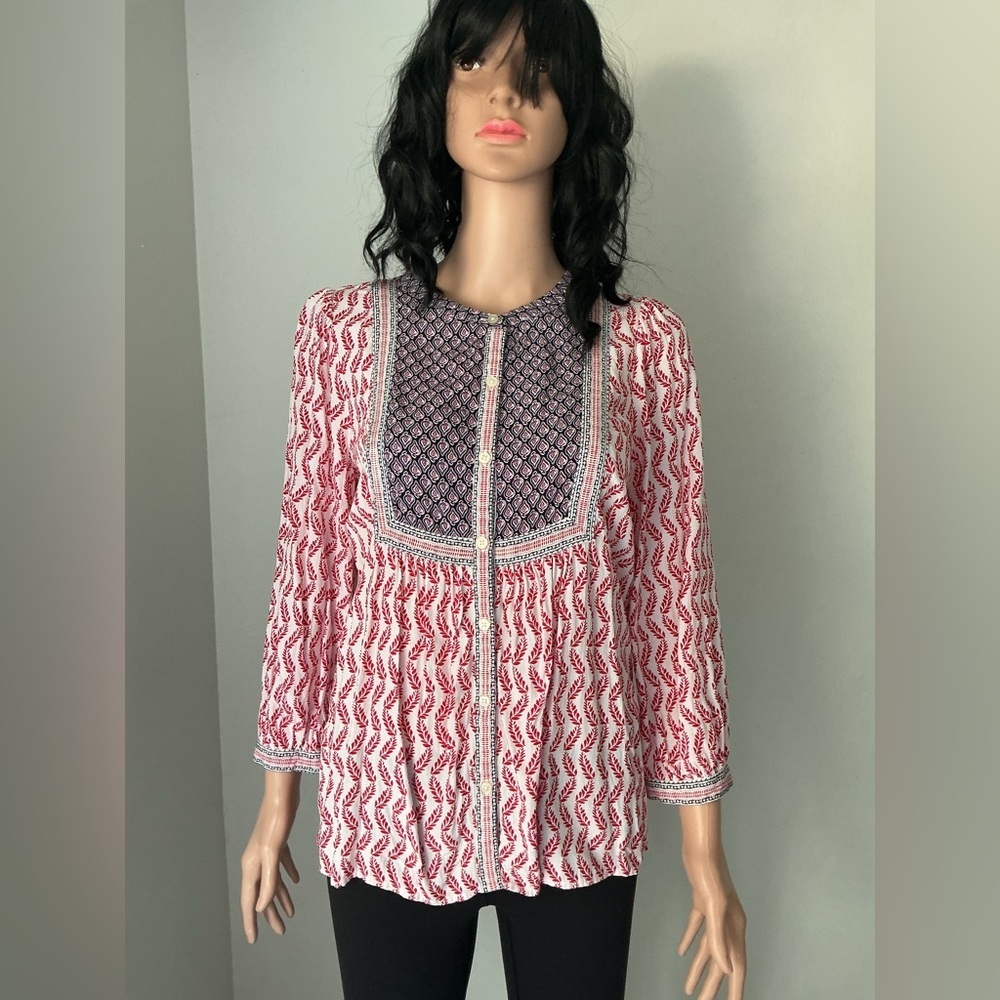 LOFT Red and Blue Patterned Blouse Sz XS